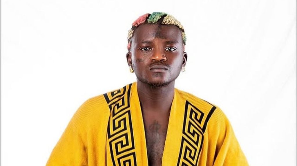 A studio portrait of Nigerian singer Portable (Habeeb Okikiola) looking directly at the camera with a serious expression. He is wearing a bright yellow robe featuring black Greek key patterns on the lapels and sports his signature multi-colored dyed hair against a plain white background.
