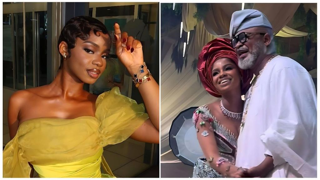 A split image featuring Nigerian influencer Priscilla Ojo. The left side shows a close-up of Priscilla posing in a yellow off-the-shoulder outfit with short, styled hair. The right side captures a joyous moment of her smiling alongside her father, Ade Ojo, who is wearing traditional white attire, a cap, and glasses, appearing to dance or pose together at a celebration.