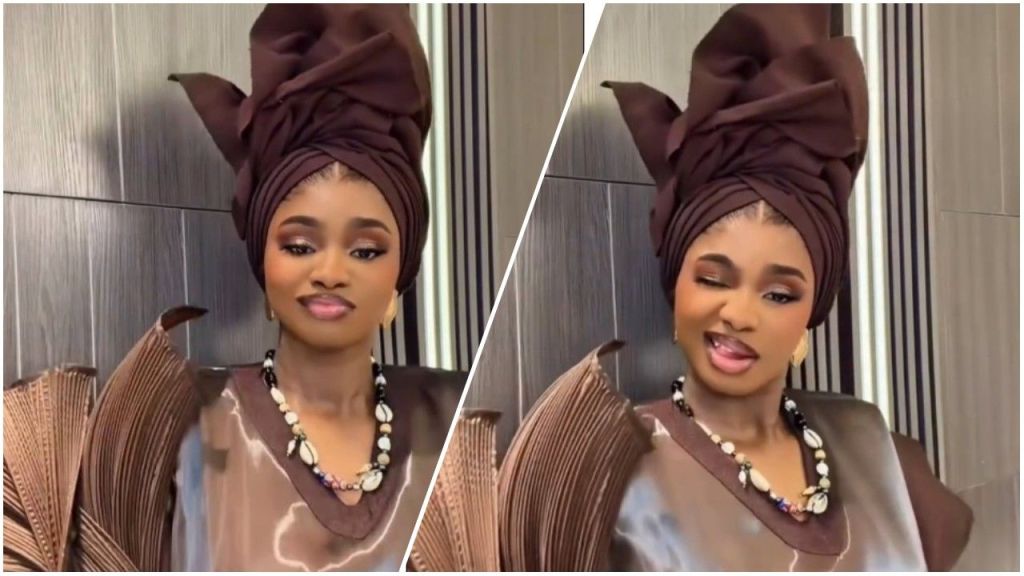 A split-screen image featuring Nigerian fashion influencer Priscilla Ojo posing in a structured, chocolate-brown pleated outfit with a matching elaborate head wrap (gele). She wears a statement necklace adorned with cowrie shells and black beads. On the left side, she offers a soft, composed smile, while on the right, she playfully winks and sticks her tongue out at the camera.