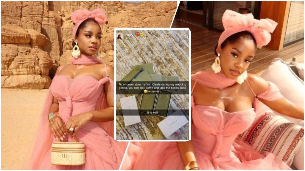 A collage featuring media personality Priscilla Ojo-Mkambala posing in a pink gown, overlaid with a screenshot of empty Van Cleef & Arpels jewelry boxes she shared on Snapchat to reveal a theft.