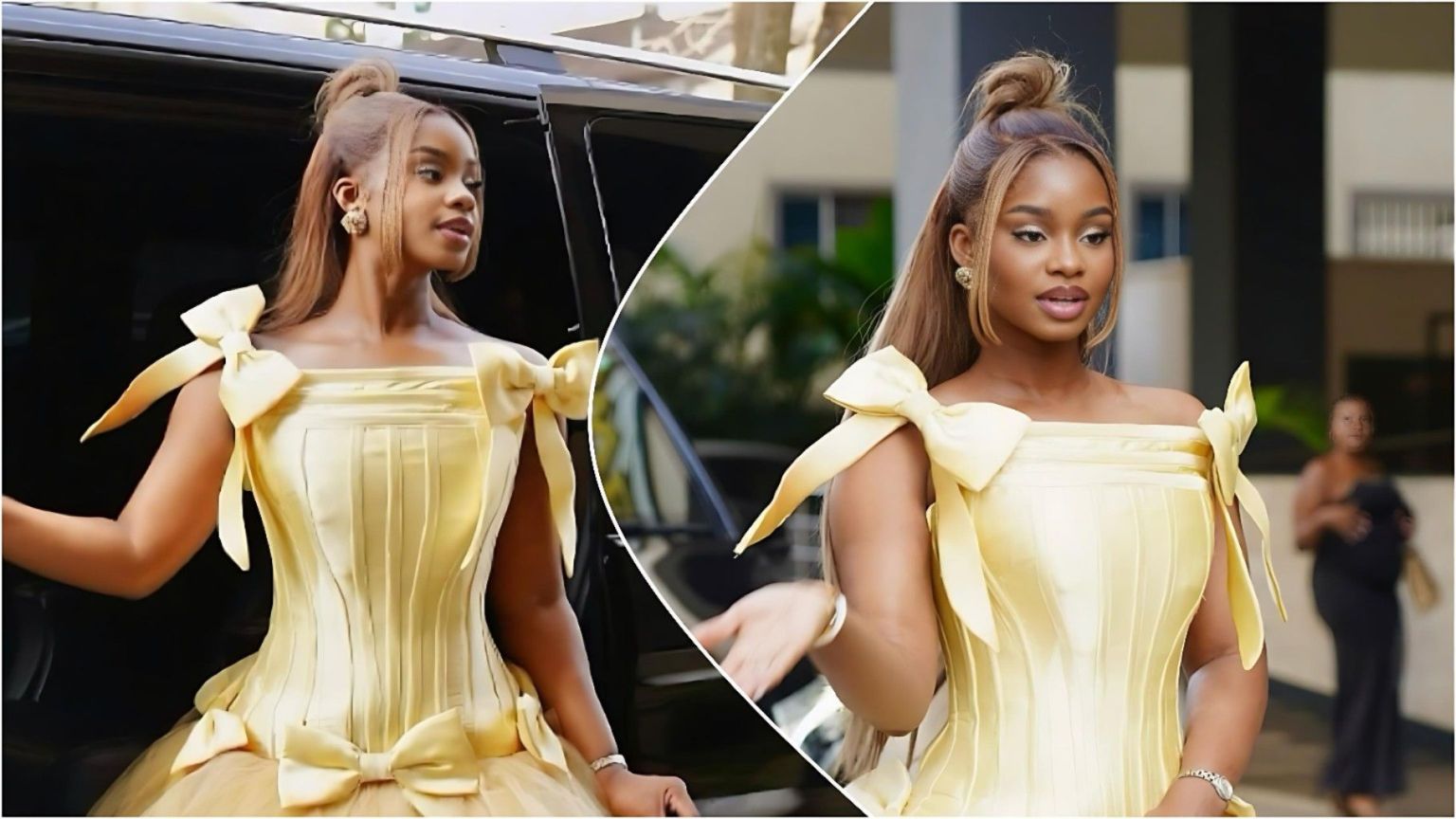 A collage featuring two photos of media personality Priscilla Ojo-Mkambala stepping out of a black vehicle. She is wearing a structured yellow ballgown with large bow details on the shoulders and waist, with her hair styled in a blonde half-up bun.