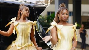 A collage featuring two photos of media personality Priscilla Ojo-Mkambala stepping out of a black vehicle. She is wearing a structured yellow ballgown with large bow details on the shoulders and waist, with her hair styled in a blonde half-up bun.