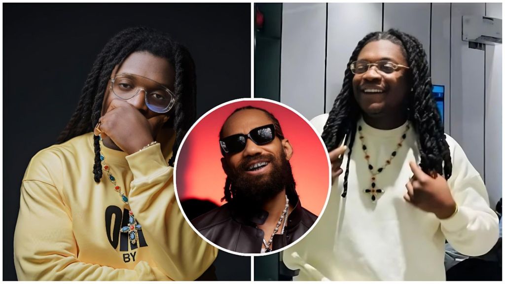 Quincy 042 wearing a yellow sweatshirt and glasses features in a collage with a circular inset of rapper Phyno, representing their January 2026 rap feud and diss track controversy.