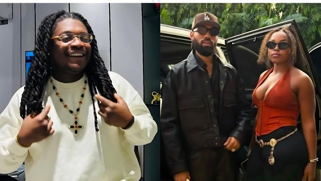 A split-screen composite image featuring rapper Quincy Raph smiling in a cream sweatshirt on the left, alongside a photo of music star Phyno posing outdoors with OAP Divine Chidimma on the right.