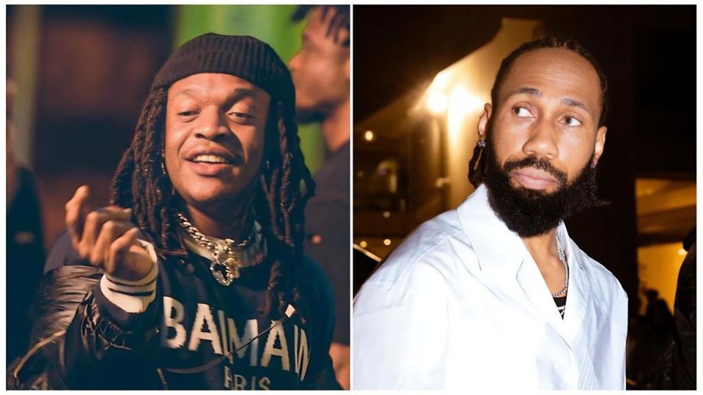 A split image featuring Nigerian rapper Quincy Raph on the left, smiling and gesturing while wearing a black Balmain shirt and beanie, alongside a close-up of Phyno on the right, looking to the side in a crisp white shirt.