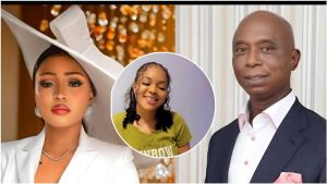 A composite image showing Regina Daniels on the left and Ned Nwoko on the right, with a circular inset photo of her friend Ann smiling in the center.