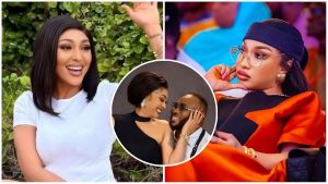 Rosaline Meurer laughing in a white t-shirt on the left, Tonto Dikeh wearing an orange outfit and glasses on the right, and a center circle showing Olakunle Churchill and Rosaline Meurer smiling at each other.