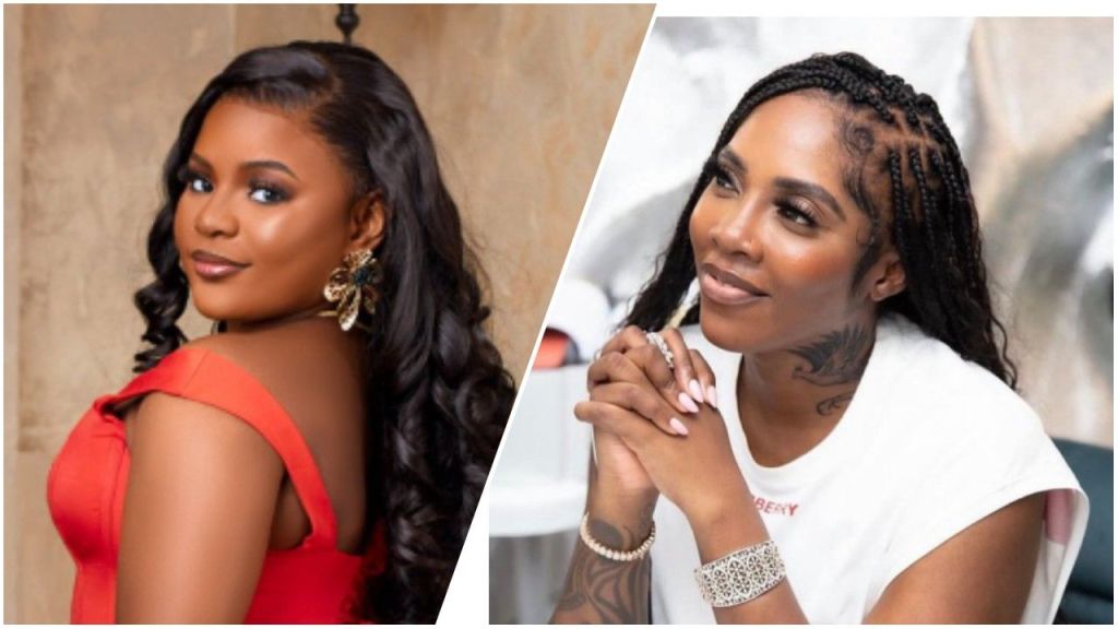 A split image featuring media personality Ruth posing in a red outfit on the left and singer Tiwa Savage smiling in a white top on the right.