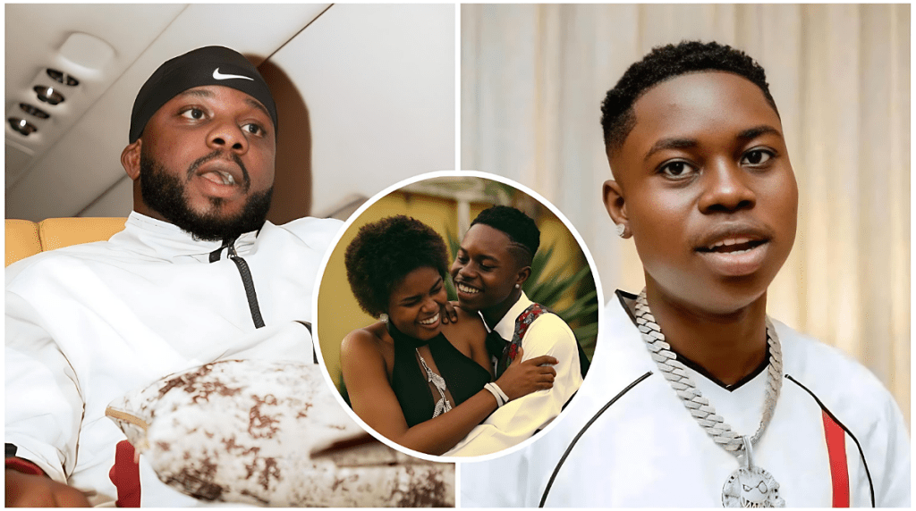 A split image featuring Nigerian comedian Sabinus speaking on the left and TikTok star Peller on the right, with a circular inset in the center showing Peller and Jarvis smiling together.