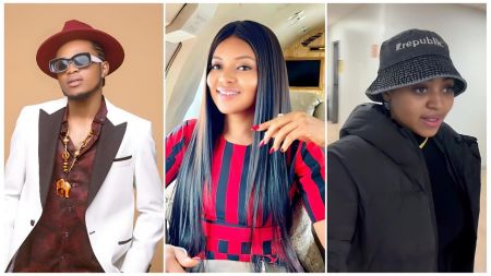 A horizontal collage featuring three individuals involved in the recent controversy. On the left, Sammy West poses in a white blazer, maroon shirt, and a red fedora with sunglasses. In the center, actress Regina Daniels smiles while seated in a luxury cabin, wearing a red and black striped top. On the right, her friend Ann is captured candidly wearing a black puffer jacket and a dark bucket hat.