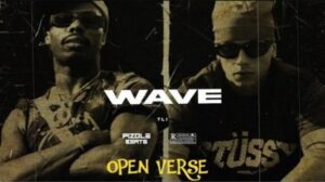 Cover art for the Asake ft. Central Cee 'Wave' instrumental remake. The graphic features the two artists standing side-by-side with the title "WAVE" in bold white text and "OPEN VERSE" in yellow text at the bottom, displaying the Pizole Beats logo.