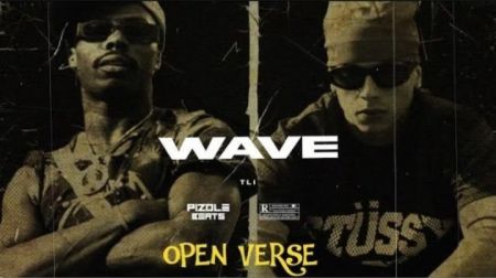 Cover art for the Asake ft. Central Cee 'Wave' instrumental remake. The graphic features the two artists standing side-by-side with the title "WAVE" in bold white text and "OPEN VERSE" in yellow text at the bottom, displaying the Pizole Beats logo.