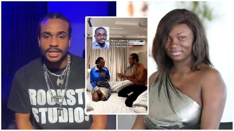 A composite image featuring Sean Michael Ike and Jaruma. On the left, Sean Michael Ike is seen in a blue-lit room wearing a black "ROCKSTAR STUDIOS" t-shirt and layered silver necklaces. On the right, Jaruma smiles wearing a metallic silver one-shoulder dress. A central inset displays a scene from the "Rehab" music video where Sean, shirtless, interacts with Jaruma on a white bed.