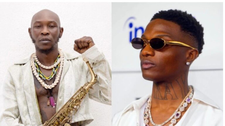 A close-up split photo collage. On the left, Seun Kuti poses with a serious expression, holding a brass saxophone against his chest while wearing traditional beaded necklaces. On the right, Wizkid is captured in a profile shot wearing black oval sunglasses and heavy diamond jewelry, looking off-camera.