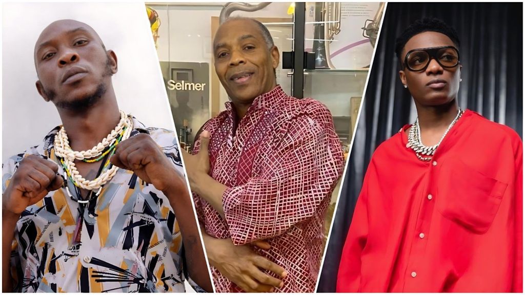 A split-screen composite image featuring three Nigerian musicians. On the left, Seun Kuti stands with a clenched fist raised near his chest, wearing a patterned yellow and grey shirt with multiple cowrie shell necklaces. In the center, Femi Kuti smiles and gestures towards himself, wearing a red grid-patterned shirt. On the right, Wizkid stands looking off to the side, wearing a bright red button-down shirt, silver necklaces, and large dark sunglasses.
