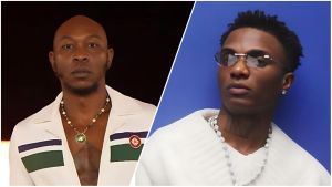 A split image featuring Nigerian musicians Seun Kuti on the left and Wizkid on the right. Seun Kuti is wearing a white shirt with green and black accents and a green pendant necklace against a dark background. Wizkid is wearing dark sunglasses, a silver stud earring, a white textured top, and a silver chain necklace against a blue background.