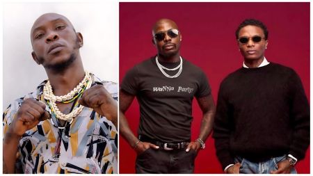 A composite image featuring three Nigerian music stars. On the left, Seun Kuti looks serious with raised fists, wearing a patterned shirt and a large cowrie shell necklace. On the right, Asake and Wizkid pose together against a red background; Asake wears a black t-shirt with the text "wanna Party?" and sunglasses, standing next to Wizkid who is dressed in a black sweater and blue jeans.