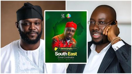 A split-image collage featuring Seyi Tinubu on the left, wearing a white traditional agbada and a black cap. In the center is a green campaign poster for the "City Boy Movement" (APC), displaying Obi Cubana in a red chief's cap with the title "South East Zonal Coordinator." On the right, Obi Cubana is pictured smiling and speaking on a mobile phone, dressed in a dark suit.