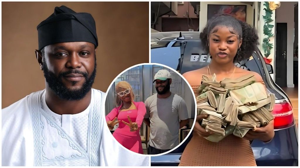 A split photo collage showing Seyi Tinubu on the left wearing a white traditional outfit and black cap, and influencer King Mitchy on the right holding a large stack of Nigerian currency. A circular inset in the center shows the two posing together casually.
