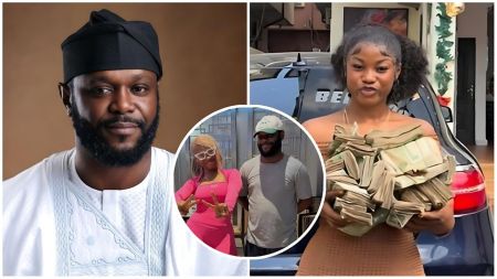 A split photo collage showing Seyi Tinubu on the left wearing a white traditional outfit and black cap, and influencer King Mitchy on the right holding a large stack of Nigerian currency. A circular inset in the center shows the two posing together casually.