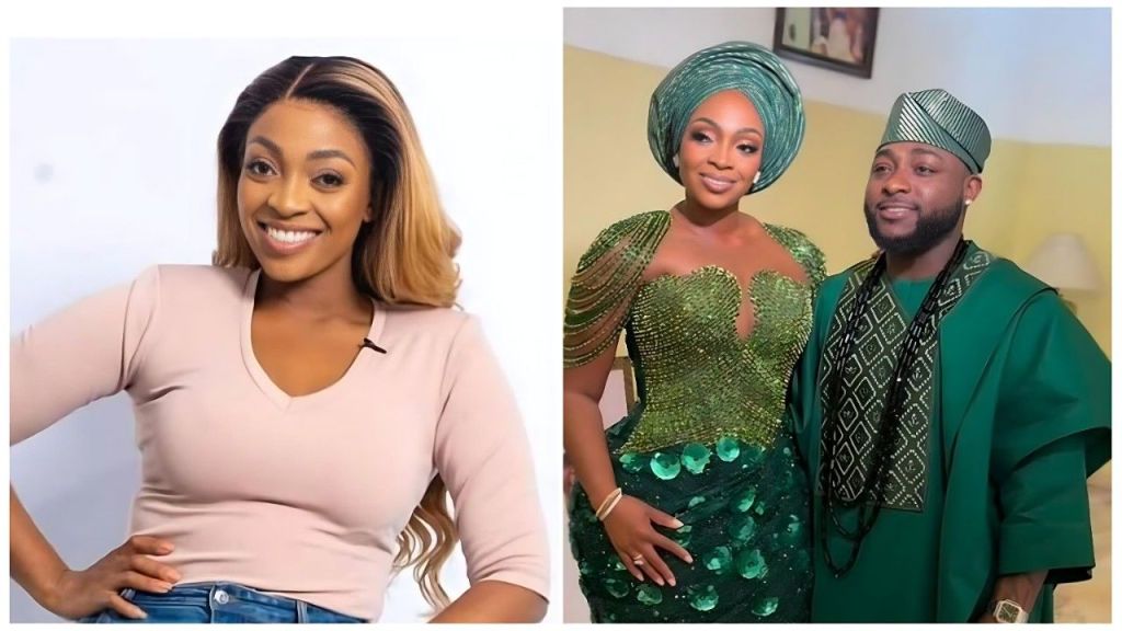 A split image featuring Nigerian entrepreneur Sharon Adeleke. On the left, she poses in a studio setting wearing a light pink V-neck top and blue jeans, smiling brightly. On the right, she stands beside her brother, singer Davido, at a traditional event; both are dressed in matching green and gold Nigerian traditional attire (Aso Ebi), with Sharon wearing a green Gele headtie and Davido in a green Fila cap.
