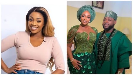 A split image featuring Nigerian entrepreneur Sharon Adeleke. On the left, she poses in a studio setting wearing a light pink V-neck top and blue jeans, smiling brightly. On the right, she stands beside her brother, singer Davido, at a traditional event; both are dressed in matching green and gold Nigerian traditional attire (Aso Ebi), with Sharon wearing a green Gele headtie and Davido in a green Fila cap.