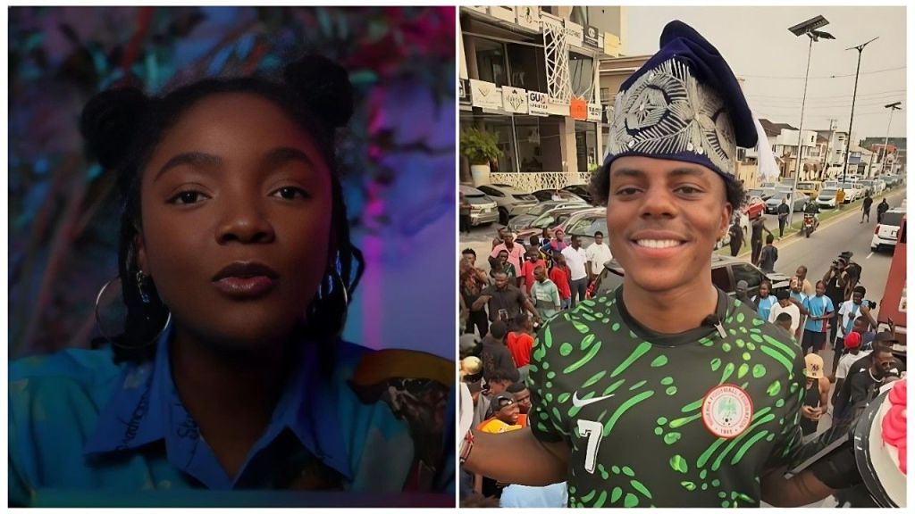 A split image featuring Nigerian singer Simi on the left and US streamer IShowSpeed on the right. Simi wears a blue patterned shirt and hoop earrings, looking directly at the camera with a calm expression. IShowSpeed smiles broadly, wearing a green Nigerian football jersey and a traditional blue and white cap, standing on a busy street in Nigeria.