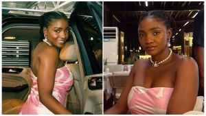 Nigerian singer Simi poses in a pink and white patterned strapless dress. The composite image shows her smiling while entering a luxury vehicle on the left, and seated at a dining table with a neutral expression on the right, wearing a pearl necklace.
