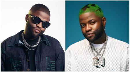 A split collage featuring Nigerian singer Skales in two distinct looks. On the left, he wears a dark denim jacket with green stitching, dark sunglasses, and a silver chain against a white background. On the right, he sports bright green-dyed hair with black cross patterns, a white mesh top, and heavy diamond chains with dual pendants against a teal background.