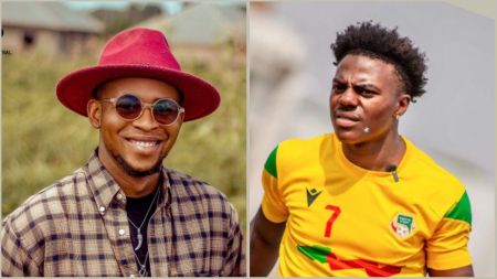 A split image featuring Nigerian life coach Solomon Buchi on the left and American streamer IShowSpeed on the right. Buchi is smiling, wearing a red fedora hat, round sunglasses, and a plaid button-down shirt. IShowSpeed is captured in a candid moment looking to the side, wearing a yellow and green Benin Republic national football jersey with the number 7 visible on the chest.