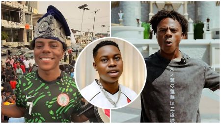 A split image featuring American streamer iShowSpeed and Nigerian content creator Peller. On the left, iShowSpeed smiles while wearing a green Nigeria national football jersey and a traditional blue patterned cap, surrounded by a crowd. On the right, iShowSpeed appears in a grey t-shirt making a surprised facial expression. A circular inset in the center displays a close-up of Peller wearing a white shirt and silver chain.