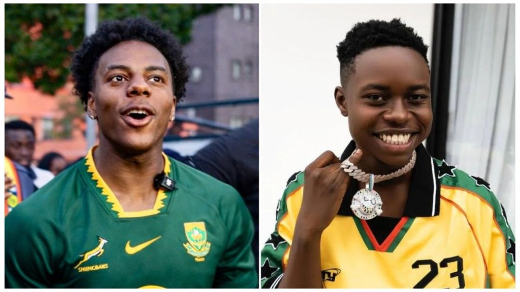 A split-screen composite image featuring American YouTuber IShowSpeed on the left wearing a green South African Springboks rugby jersey, and Nigerian streamer Peller on the right wearing a yellow, green, and black jersey while holding a diamond pendant chain.