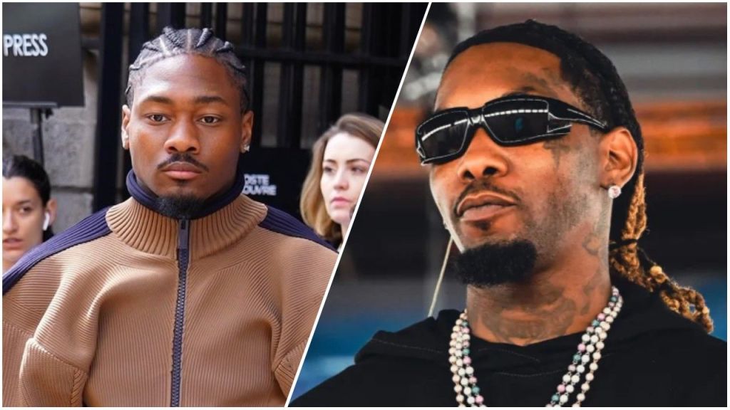 A split-screen composite image. Left: NFL player Stefon Diggs looks off-camera wearing a tan and navy zip-up jacket at a Lacoste fashion event. Right: Rapper Offset looks forward wearing dark sunglasses, a black hoodie, and layered beaded necklaces.