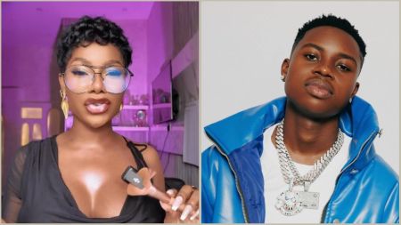 A split image showing reality star Tacha speaking into a microphone while wearing glasses on the left, and content creator Peller posing in a blue leather jacket and silver chain on the right.