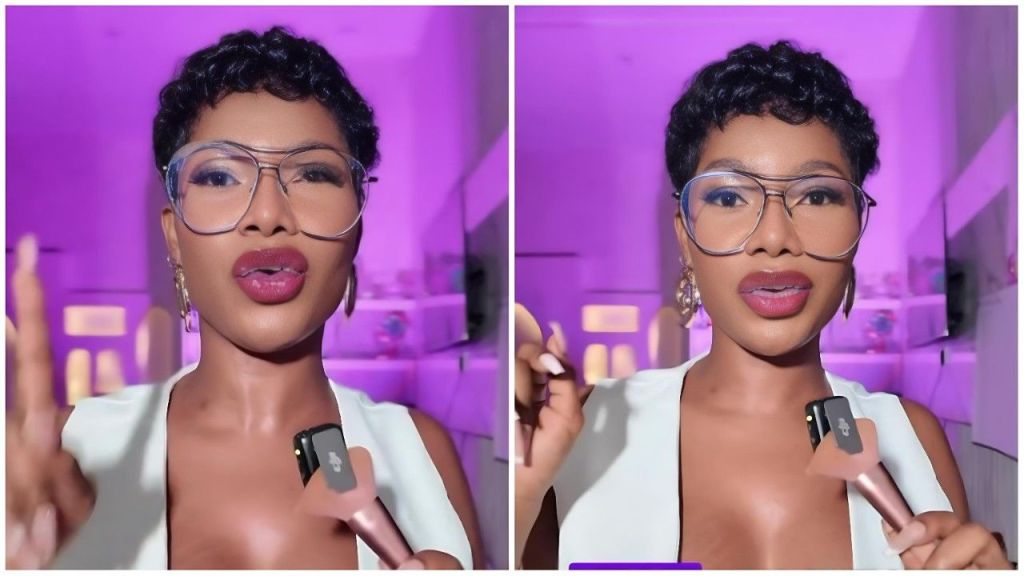 BBNaija star Tacha speaking in a viral video, wearing large aviator glasses and a white vest against a purple-lit background.