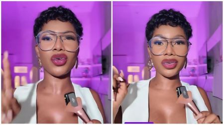 BBNaija star Tacha speaking in a viral video, wearing large aviator glasses and a white vest against a purple-lit background.