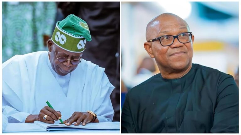 A split photo collage featuring two Nigerian political figures. On the left, President Bola Ahmed Tinubu is seated, wearing a white agbada and a green cap with white embroidery, looking down as he signs a document with a green pen. On the right, Labour Party leader Peter Obi is shown in a close-up portrait, wearing a black shirt and glasses, looking off-camera with a slight smile.
