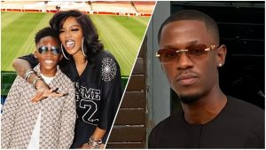 A split-screen composite image featuring Nigerian singer Tiwa Savage and her son Jamil on the left, and social media personality Dami Foreign on the right. Tiwa poses playfully with her tongue out, wearing a black jersey, while hugging her son who is dressed in a beige patterned shirt and sunglasses. On the right, Dami Foreign looks directly at the camera wearing brown-tinted rimless glasses and a black top.