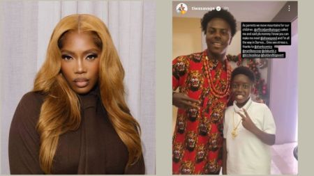 A split-screen image featuring Nigerian singer Tiwa Savage and American streamer IShowSpeed. The left side shows a glamour shot of Tiwa Savage with long honey-blonde hair, wearing a dark brown high-neck top. The right side shows her son, Jamil Balogun, smiling and making a peace sign while standing next to IShowSpeed, who is wearing a red and black patterned traditional dashiki with coral beads. Text overlay on the right image includes a caption about Tiwa organizing the meeting from Davos.