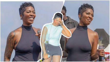 The full story of how Tiwa Savage’s Cotonou tears sparked a viral ageism row A collage image featuring Nigerian singer Tiwa Savage. The main visuals show her with a short pixie haircut, wearing a black halter-neck bodysuit and holding a microphone, with expressions ranging from a bright smile to an emotional grimace. A central insert captures a vulnerable moment of her wiping tears from her eyes while wearing a light blue top and dark shorts during a stage performance.