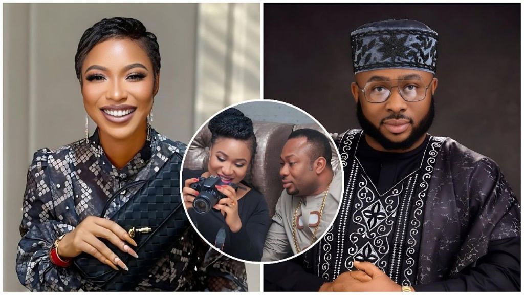A split collage featuring Nollywood actress Tonto Dikeh smiling on the left and her ex-husband Olakunle Churchill in traditional attire on the right, with a circular inset throwback photo showing the couple together.