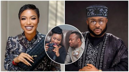 A split collage featuring Nollywood actress Tonto Dikeh smiling on the left and her ex-husband Olakunle Churchill in traditional attire on the right, with a circular inset throwback photo showing the couple together.