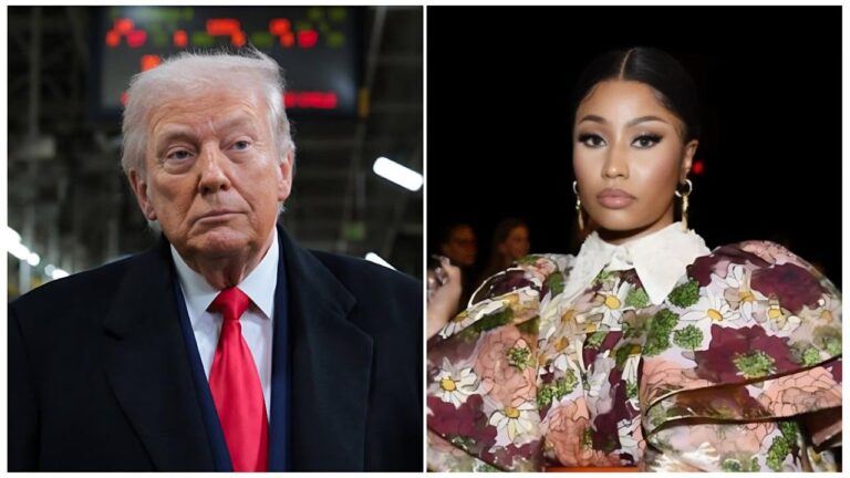 A split image featuring President Donald Trump on the left and rapper Nicki Minaj on the right. Trump is pictured in a dark suit and red tie against an industrial background, while Minaj poses in a floral Marc Jacobs dress with ruffled sleeves and statement gold earrings.