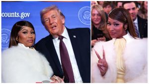 President Donald Trump and Nicki Minaj pose together on stage at the Trump Accounts summit. Right: The rapper flashes a peace sign while wearing a white fur coat and yellow dress.