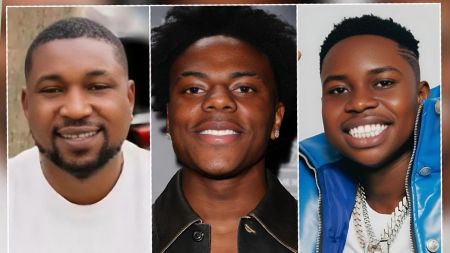 Tunde Perry explains why IShowSpeed ignored Peller in Lagos A split-screen collage featuring three content creators: on the left, Nigerian social media influencer Tunde Perry smiles in a white shirt; in the center, American streamer IShowSpeed poses in a black leather jacket; and on the right, Nigerian creator Peller smiles wearing a blue puffer jacket.