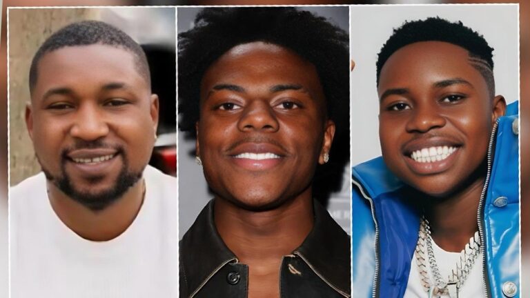 A split-screen collage featuring three content creators: on the left, Nigerian social media influencer Tunde Perry smiles in a white shirt; in the center, American streamer IShowSpeed poses in a black leather jacket; and on the right, Nigerian creator Peller smiles wearing a blue puffer jacket.