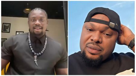 A split-screen composite image featuring Nigerian social media critic VeryDarkMan (left) speaking while wearing a black shirt and traditional beaded necklace, alongside human rights activist Harrison Gwamnishu (right) posing with a backwards black baseball cap.