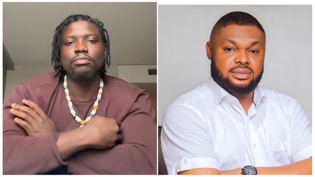 A split image featuring Nigerian online personality VeryDarkMan on the left, wearing a brown shirt and a beaded necklace with a serious expression, and human rights activist Harrison Gwamnishu on the right, wearing a white short-sleeved shirt.