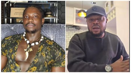 A split-screen composite image featuring Nigerian social media critic VeryDarkMan (Martins Vincent Otse) on the left and human rights activist Harrison Gwamnishu on the right. VeryDarkMan is seated, looking serious, wearing a green and yellow patterned open shirt with traditional cowrie shell necklaces. Harrison Gwamnishu is pictured on the right wearing a dark grey cap and sweatshirt, gesturing with his hand while speaking in a room with white tiled walls.