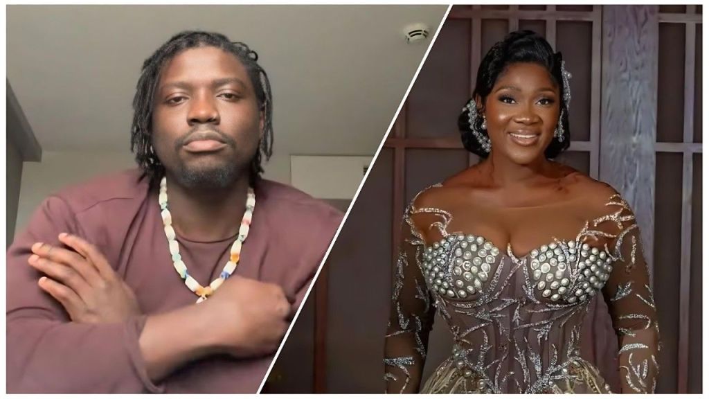 A split image showing Nigerian social critic Verydarkman on the left, looking serious with his arms crossed while wearing a maroon shirt and beaded necklace, and actress Mercy Johnson Okojie on the right, smiling brightly in an elaborate, embellished gown.